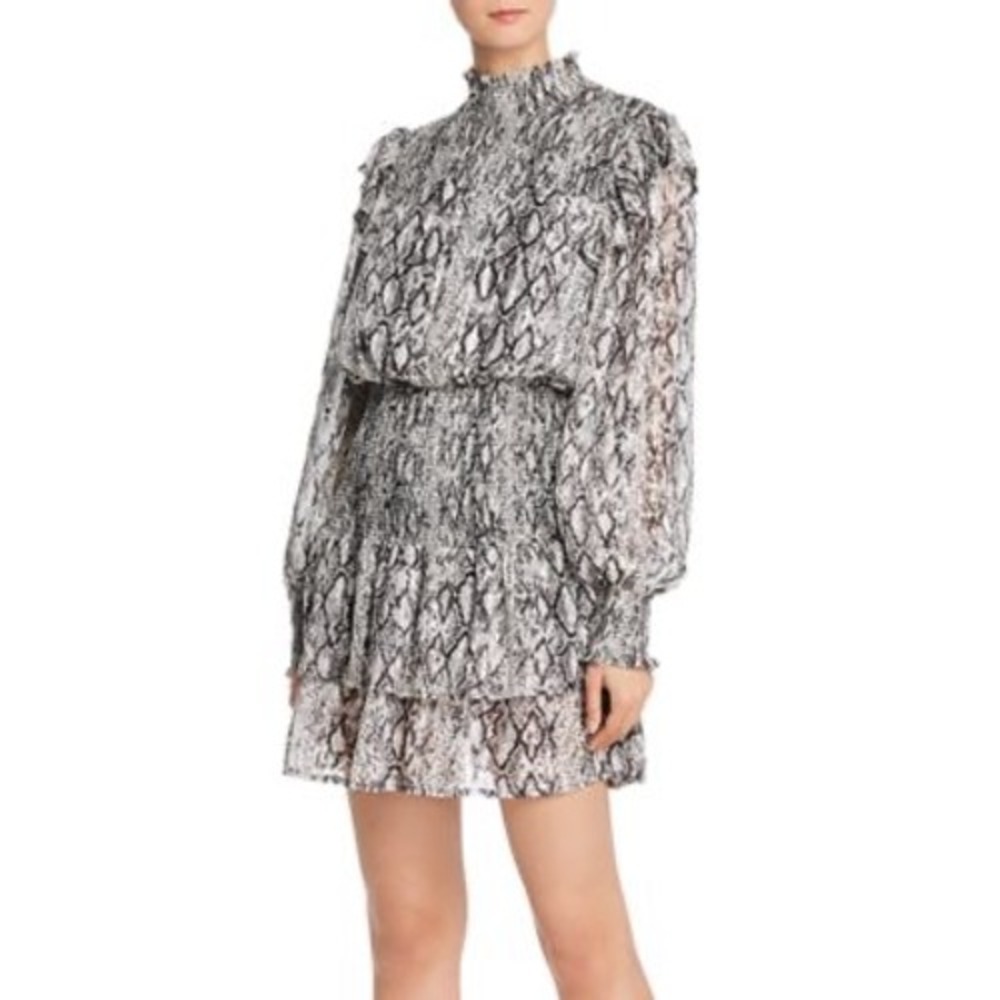 English Factory Snakeskin Print Mini Dress Long Sleeve Ruffle Mock Neck Small